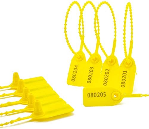 100Pcs Plastic Tamper Shipping Seals Pull-Tite Security Seal Signage Numbered Fire Extinguisher Tags Zip Ties Labels Disposable Self Locking for Logistics, Luggage,Transport (Yellow, 100pcs)