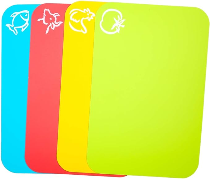 Carrollar Small Flexible Plastic Cutting Board Mats, Cutting Boards Mats With Food Icons, Gripped Back and Dishwasher Safe, Set of 4 (7.5x11.4inch)