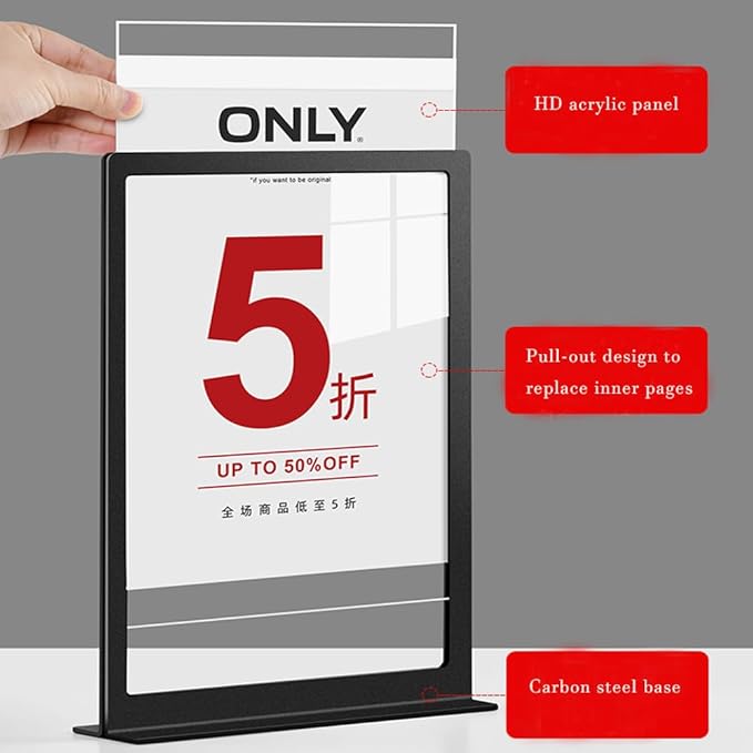 ECKEK Carbon Steel Sign Holder, Menu Displays Double Sided, Table Top Sign Stand (T Shape White A5 148×210mm/ 5.83×8.27 inches)