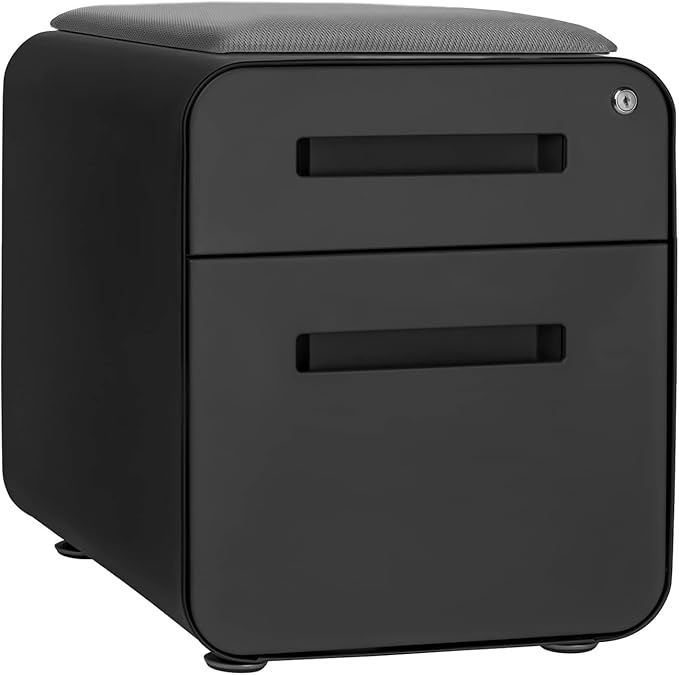 Laura Davidson Furniture STOCKPILE Mini Seated 2 Drawer Mobile File Cabinet with Removable Magnetic Cushion Seat - Short Version, Metal Filing Cabinet, Pre-Assembled, Black with Grey Cushion