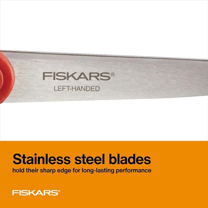 Fiskars All-Purpose Left-Handed Scissors, Gifts for Mom, Ergonomically Contoured, Stainless Steel, 8", Red