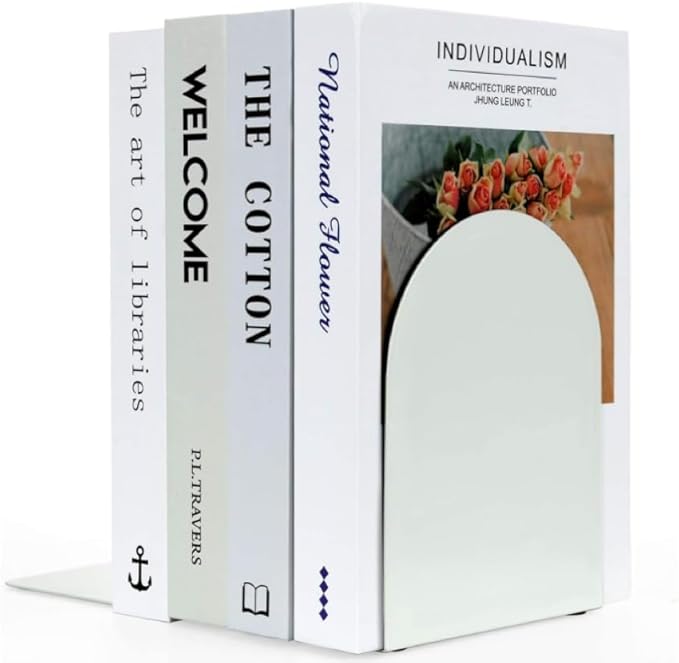 Lulonpon 4 Pieces Book Ends, Bookends, Books Stand, Metal Bookend for Shelves, White Book Ends for School, Library, Desktop Organizer