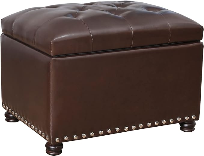 Decent Home 24'' Leather Storage Ottoman Rectangular Foot Rest Stool with Nailhead Trim for Bedroom Living Room(Dark Brown)