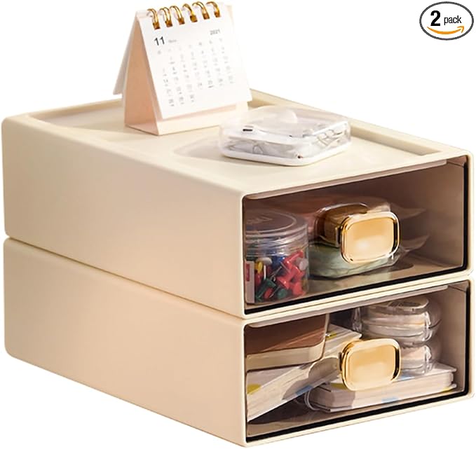 DETEIN 2PACK Stackable Desktop Storage Organizer Plastic Desk Organizer with Drawer Stacking Drawer for Pantry, Locker, Makeup, Vanity, Garage and Small Organization(M - 1 Drawer, Cream White)