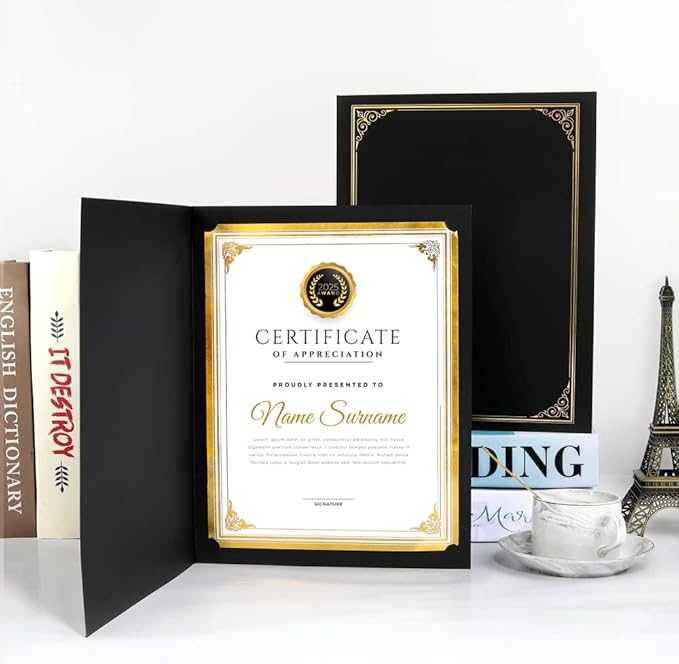 SUNEE 10 Packs Black Certificate Holders, 250gsm, for 8.5x11 Award Certificates, Certificate Covers with Gold Foil Border