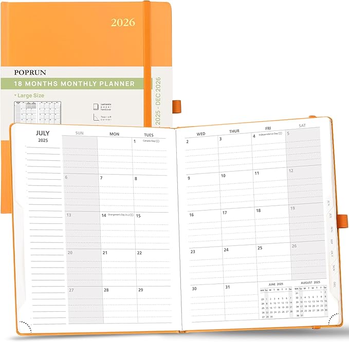 POPRUN 2025-2026 Monthly Planner (B5 8" X 10"), 18-Month Calendar Book (Jul.25 - Dec.26) with Monthly Tabs, Hardcover, Inner Pocket, 100GSM Thick Paper - Orange