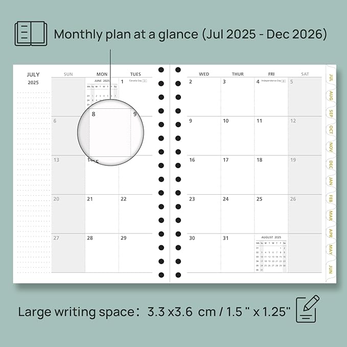 POPRUN Monthly Planner 2025-2026 Spiral Hardcover (6.25'' x 8.5''), 18 Months Calendar (Jul.2025 - Dec.2026) - 2 Pages per Month with Dotted Note Pages, Sunday Start, Laminated Tab - Midnight Green
