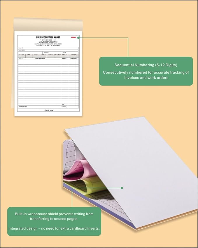 Custom Carbonless Invoice Book with Logo, Personalized Cover & Inner Pages, 2 Part NCR Receipt & Work Order Forms, Easy Tear, Writing Shield for Small Business (2-Part [White/Blue], 11.8x8.3INCH)