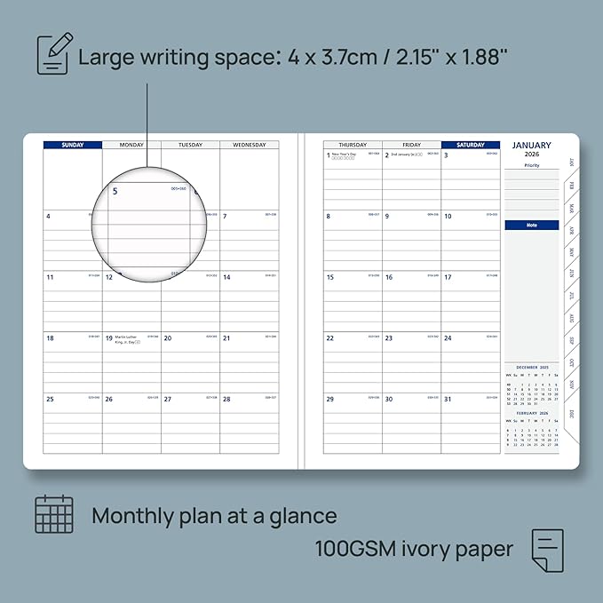 POPRUN 2026 Weekly Planner (Medium 7'' x 8.5''), 30-Minute Hourly Appointment Book (Jan 2026-Dec 2026) with Monthly Tabs, Inner Pockets, Pen Holder, PU Leather Softcover, 100GSM - Night Sky Navy Blue