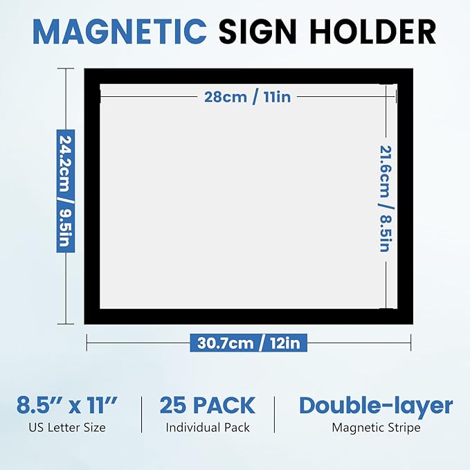 NUITPY 25 Pack Magnetic Sign Holder, 8.5in x 11in Self Adhesive Wall Mount Magnetic Document Holder, Magnetism Border Sign Holder with Transparent PVC Front Cover