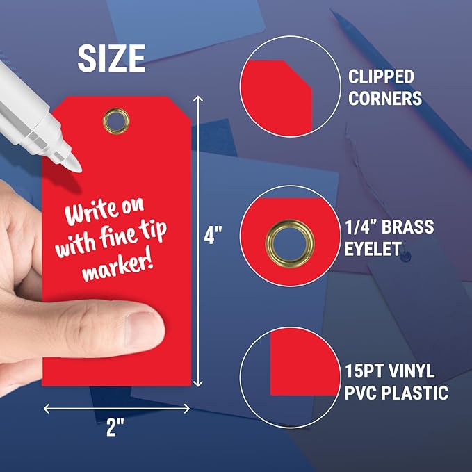 Tags 4 Less 15 Mil Waterproof Plastic Tags, Pack of 100 – 2” x 4” Heavy Duty Plastic Tags for Labeling, Outdoor Tagging, Equipment Labeling, Luggage, Valves & More (Red)