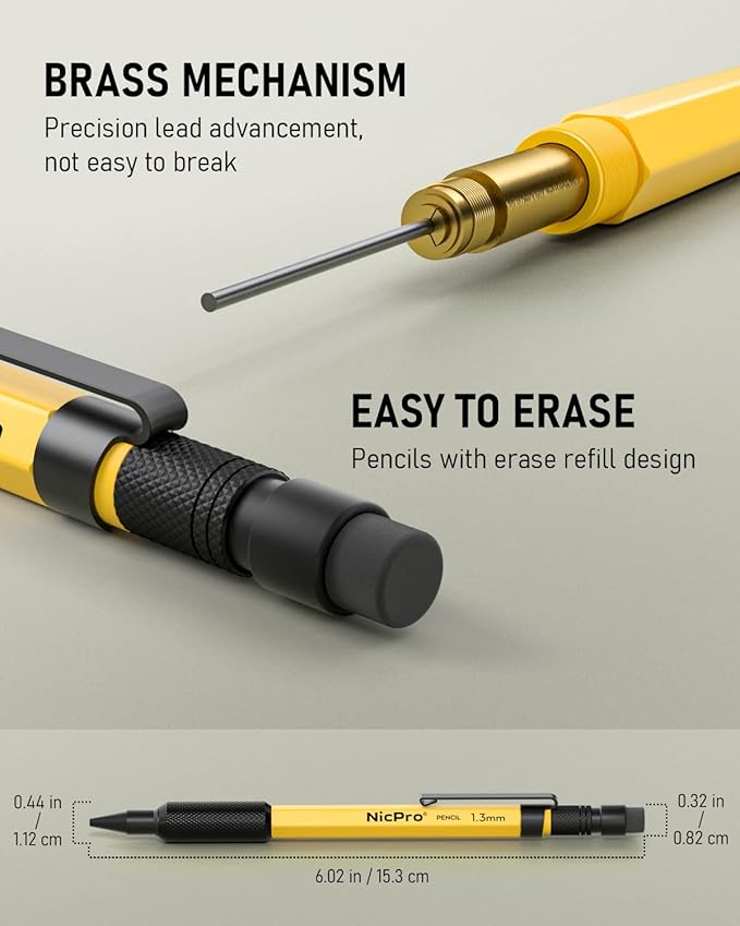 Nicpro 1.3 mm Mechanical Pencil Set with 12 Lead Refill, Eraser - Weatherproof Metal MP2000 Heavy Duty Carpenter Pencil for Outdoor Marking Drafting Drawing Sketching Woodworking - with Case