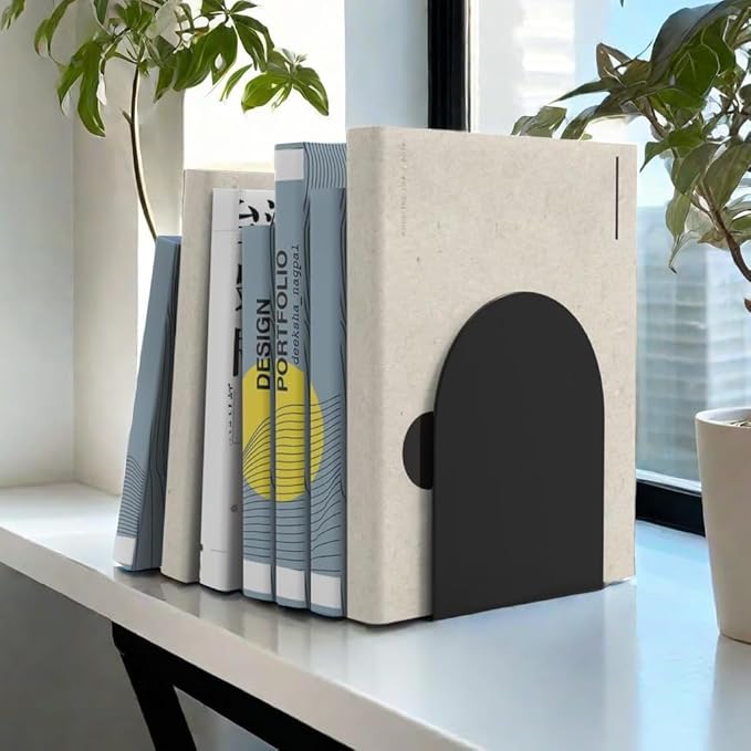 Lulonpon 6 Pieces Book Ends, Bookends, Books Stand, Metal Bookend for Shelves, Black Book Ends for School, Library, Desktop Organizer