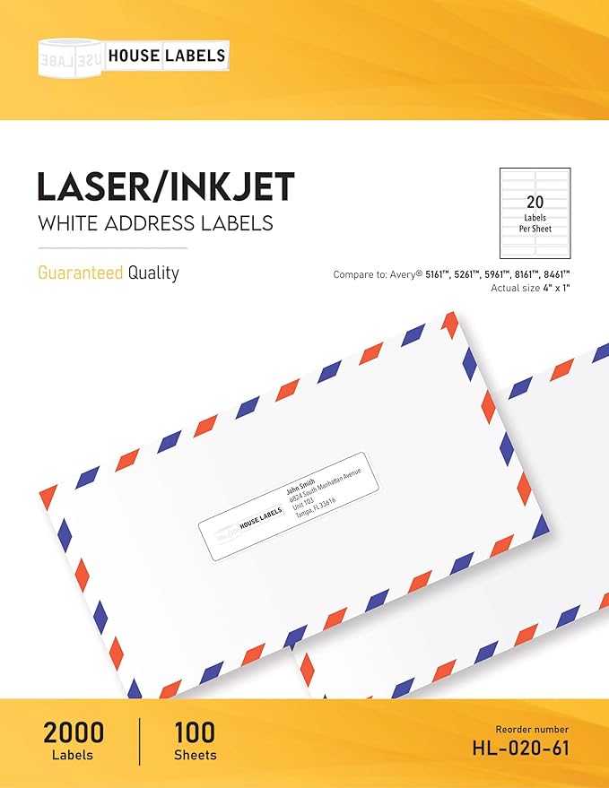 HOUSELABELS 20-up Shipping Labels (4" x 1") for Laser and Inkjet Printers, 2,000 Sheets