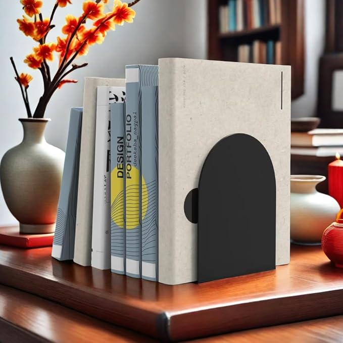 Lulonpon 8 Pieces Book Ends, Bookends, Books Stand, Metal Bookend for Shelves, Black Book Ends for School, Library, Desktop Organizer