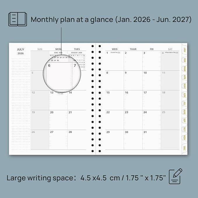 POPRUN Monthly Planner 2026-2027 Spiral Hardcover (8'' x 10''), 18 Months Calendar (Jan.2026-Jun.2027) - 2 Pages per Month with Dotted Note Pages, Sunday Start, Laminated Tab - Burgundy