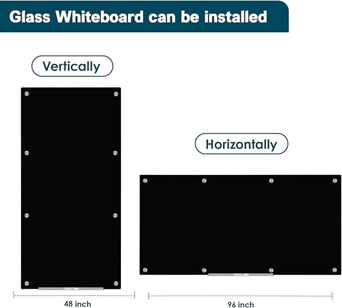 J&J worldwide Glass Whiteboard 8' x 4', Magnetic Black Glass Dry Erase Board, Black White Board Frameless, Includes Markers, Magnets, Marker Tray, Eraser for Wall, Office, Home, School