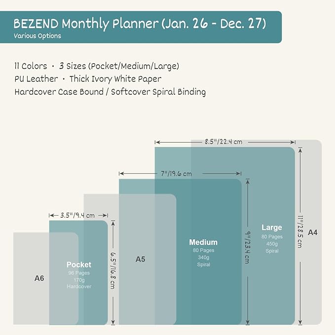 BEZEND Monthly Planner 2026-2027 (Spiral-8.5" x 11") 2 Year Calendar Book with Note Pages - Jan 26 to Dec 27-120 GSM Paper, Inner Pockets, Laminated Tabs, Vegan Leather Softcover - Sky Blue