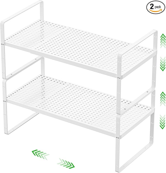 SOFRON Expandable Cabinet Storage Shelf Stackable Organizer Rack for Kitchen Bathroom Pantry Spice Cupboard Coffee Countertop Home Office Desk Heavy Duty Nonslip White Large 2 Packs