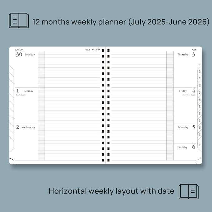 POPRUN Planner 2025-2026, Horizontal Weekly Notebook Jul.25-Jun.26 (Large 8.5''x 10.5''), Academic Calendar Book with Monthly Tabs, Spiral Soft Cover, Inner Pocket, 100 GSM - Aquamarine