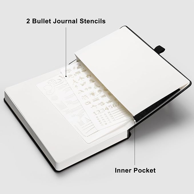 RETTACY Bullet Dotted Journal Notebook, 256 Pages, A5 Medium Size (5.7'' × 8.3''), Leather Hardcover, 120 GSM Thick Paper, for Bullet Journaling, Planning, Tracking (Black)