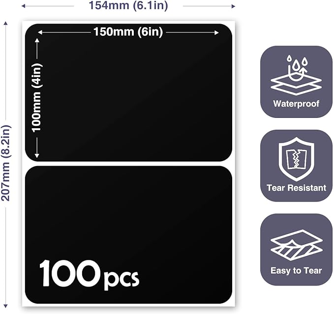 100Pcs Large Black Labels for Storage Bins,6x4 Inch Removable Labels,Large Labels for Blank Box,Strong Adhesive Tear Resistant No Residue Blank Labels(Black)