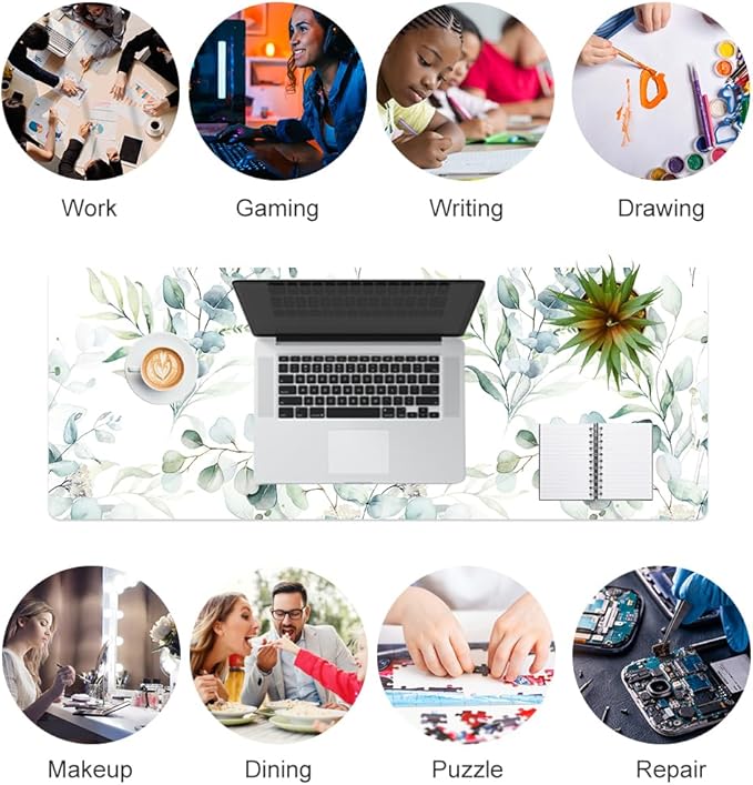 QIYI Large Mouse Pad, Cute Green Leaves Desk Mat for Desktop, Women Girls Office Décor Desk Accessories, PU Leather Waterproof Gaming Mousepad, Eucalyptus Leaf Desk Pad Computer Mat, 31.5" x 11.8"