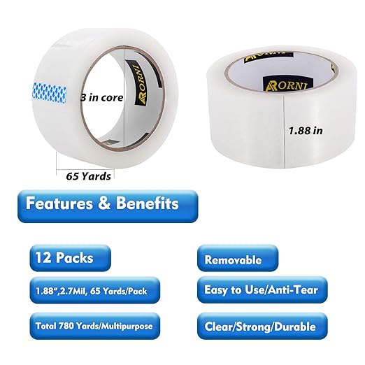 APORNI Clear Packing Tape Heavy Duty Refill Rolls Sealing Great for Packing Box Shipping and Moving Supplies Packaging 12 Rolls 1.88" x 65 Yards 3" Core 2.7 Mil Thick Adhesive