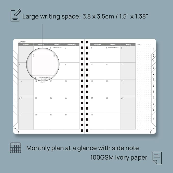 POPRUN Planner 2025-2026, Horizontal Weekly Notebook Jul.25-Jun.26 (Medium 6.75''x 8.75''), Academic Calendar Book with Monthly Tabs, Spiral Soft Cover, Inner Pocket, 100 GSM - Navy Blue