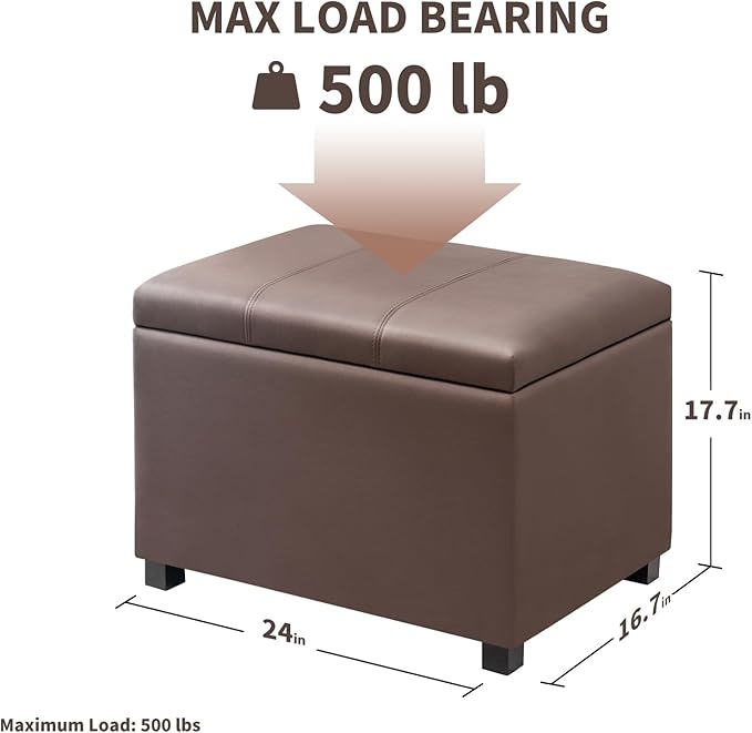 Joveco 24" Leather Storage Ottoman Bench, Rectangle Foot Rest Stool for Living Room, Bedroom, Entryway, Brown