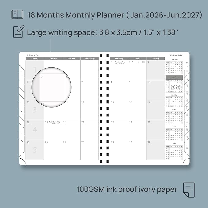 POPRUN Monthly Planner 2026-2027 (Medium 6.5" x 8.5") 18 Months Calendar Book(Jan 2026 - Jun 2027) - 4 Pages per Month with Expense & Notes, Stair-like tabs, Leather Cover, Sunday Start - Brown