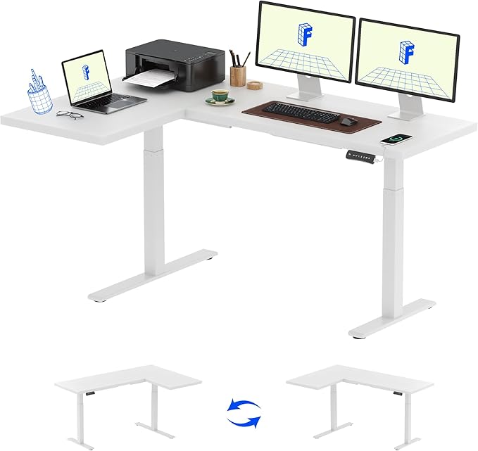 FLEXISPOT Corner Desk Dual Motor L Shaped Computer Electric Standing Sit Stand Up Desk Height Adjustable Home Office Table with Splice Board, 71x48 White
