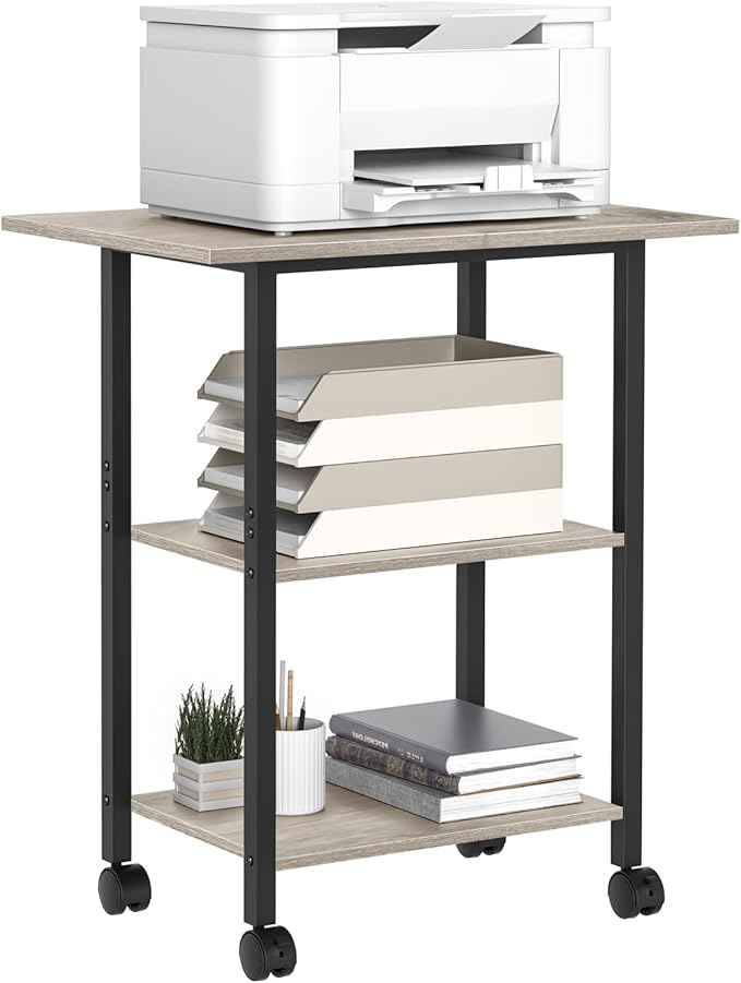 Lerliuo 3-Tier Printer Stand, Industrial Mobile Printer Table with Storage Shelf and Steel Frame, Rolling Printer Cart Holder with Lockable Wheels for Home, Office (Oak)