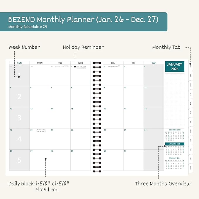BEZEND Monthly Planner 2026-2027 (Spiral-7" x 9") 2 Year Calendar Book with Note Pages - Jan 26 to Dec 27-120 GSM Paper, Inner Pockets, Laminated Tabs, Vegan Leather Softcover - Lavender