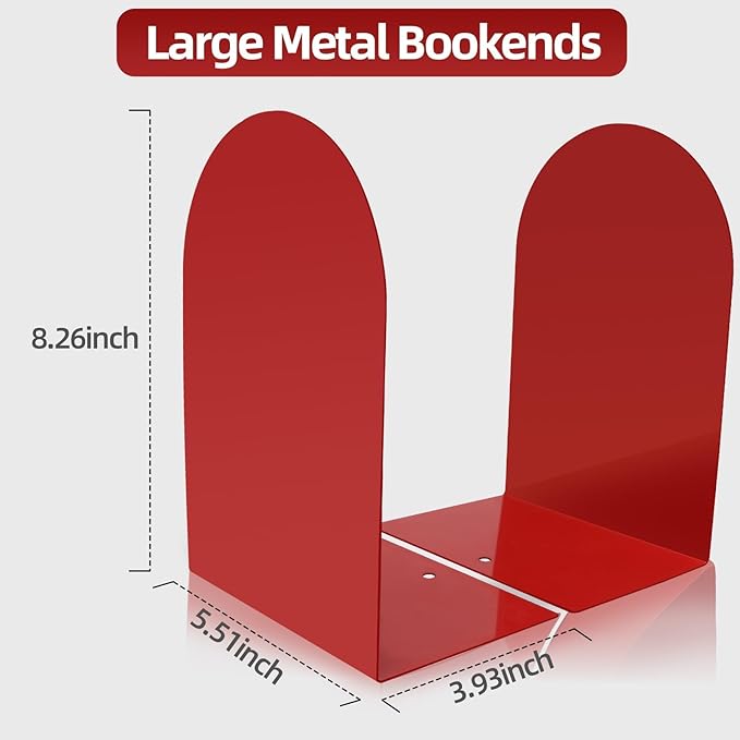 Lulonpon 4 Pieces Book Ends, Bookends, Books Stand, Metal Bookend for Shelves, Red Book Ends for School, Library, Desktop Organizer