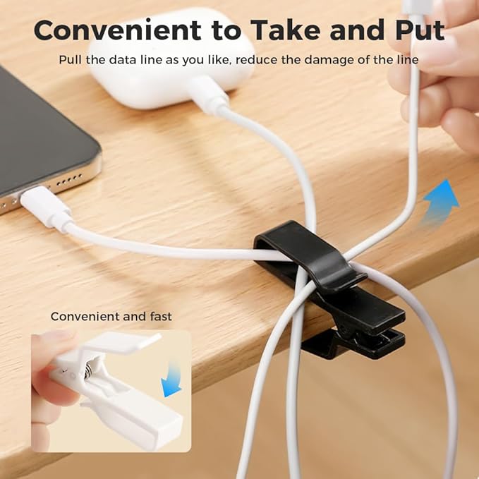 Movable Cord Holder for Nightstand, 2026 New Upgrade Cord Organizer Holder, Cable Organizers USB Cable Holder Wire Organizer Cord Clips, Cable Hider for Home, Office,Cubicle Accessories (6, White)