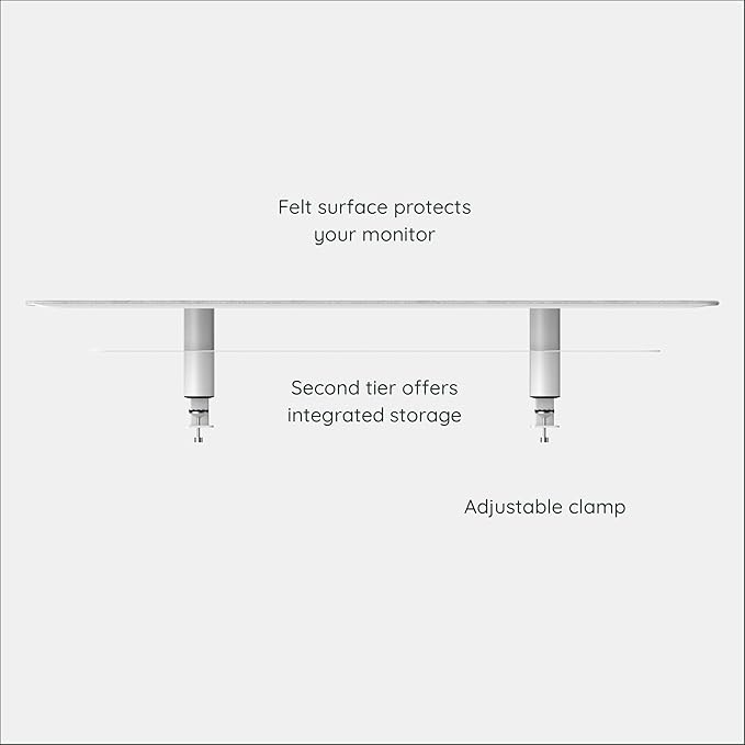 Branch Monitor Stand - Elegant, Durable Powder-Coated Steel Stand with Soft Felt Liner - Large Monitor Riser Second Tier Storage - Installs with a Universal Clamp for Ergonomic Workspace - White
