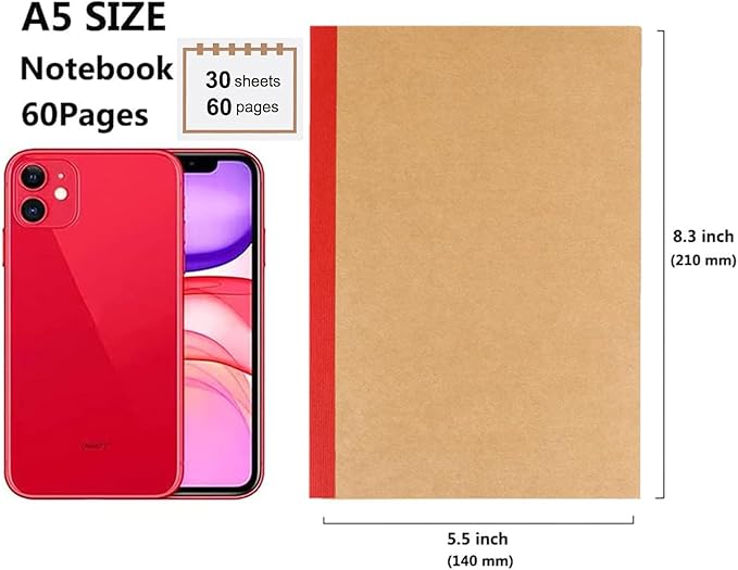 FAWTEEM 24 Pack A5 Kraft Notebook,Lines Pages - 60 Pages (30 Sheets), Wide Ruled,8.3”x 5.5” Small Kraft Notebook