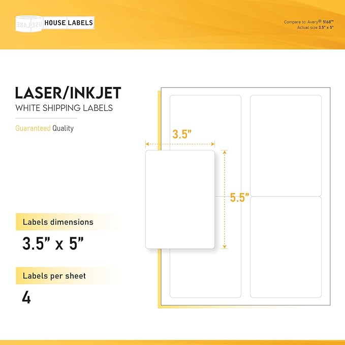 HOUSELABELS 4-up Shipping Labels (3-1/2" x 5") for Laser and Inkjet Printers, 100 Sheets