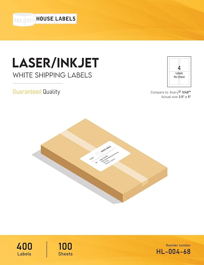 HOUSELABELS 4-up Shipping Labels (3-1/2" x 5") for Laser and Inkjet Printers, 800 Sheets
