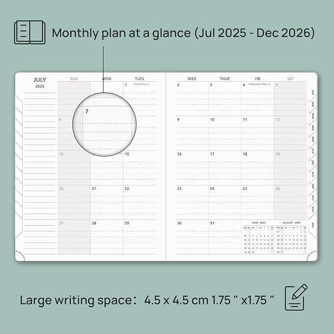POPRUN 2025-2026 Monthly Planner (B5 8" X 10"), 18-Month Calendar Book (Jul.25 - Dec.26) with Monthly Tabs, Hardcover, Inner Pocket, 100GSM Thick Paper - Pacific Green