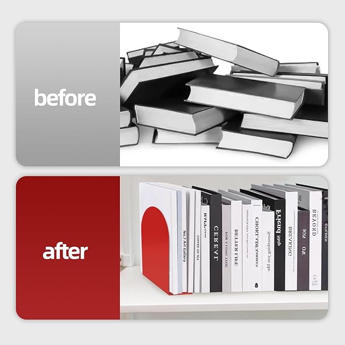 Lulonpon 6 Pieces Book Ends, Bookends, Books Stand, Metal Bookend for Shelves, Red Book Ends for School, Library, Desktop Organizer