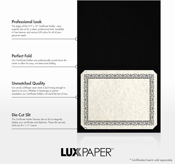 LUXPaper 9.5" x 12" Certificate Holders | Black Linen | Embossed Silver Foil Floral Border | 100lb. Cover | 250 Qty