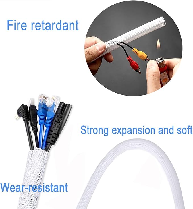 QCSIW 3/4"-25ft Braided Cable Sleeve Protector - Self-Wrapping Split Wire Loom for Home Theater, Pet-Proof Cord Organizer, Heat-Resistant, White