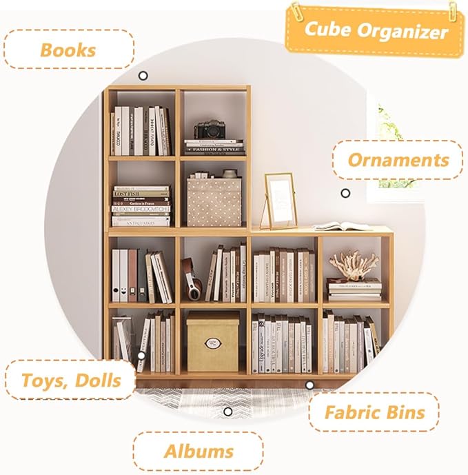 NELYE 4 Cube Organizer Bookcase - Fabric Storage Bins Container, Open Shelf Simple Compartments Bookshelf, Oak