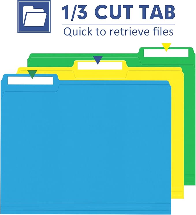File Folder, PANDRI 120 Pack Colored File Folder, 1/3 Cut Tab, Letter Size, Assorted 6 Colors Filing Folder for Office School Business