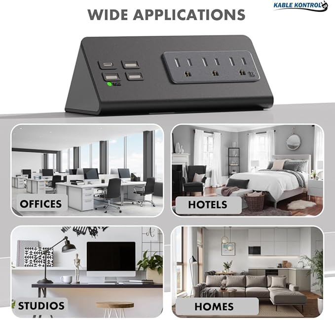 Kable Kontrol Desk Clamp Power Strip with USB-C Port, Nightstand Charging Station, 3 AC Outlets, 3 USB-A Ports, Fast Charger, Easy Installation for Home, Offices, Hotels – 4.9 Ft, Black, 20 Pcs