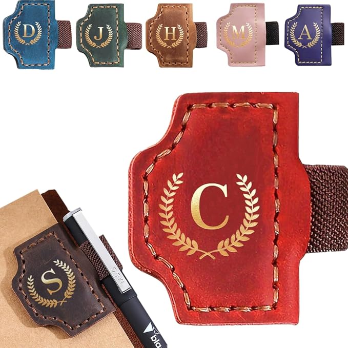 Personalized Mark Bookmark with Pen Holder, Leather Magnetic Book Marker 26 Letters,Custom Initials Page Marks, Gifts for Book Lovers Readers Men Women (Red, C)