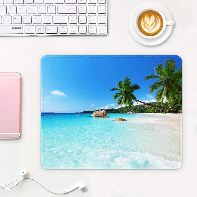 Auhoahsil Mouse Pad, 12 x 10 in Summer Beach Theme Computer Mouse Pad for Desk, Premium-Textured Non-Slip Rubber Stitched Edges Waterproof Square Gaming Mouse Mat for Gaming Work Wireless Mice, Blue