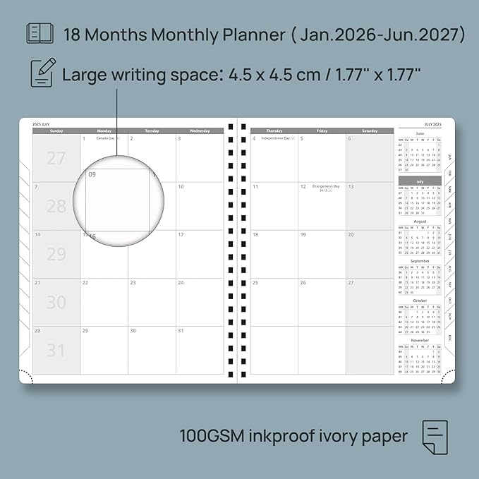 POPRUN Monthly Planner 2026-2027 (Large 8.5" x 10.5") 18 Months Calendar Book(Jan 2026 - Jun 2027) - 4 Pages per Month with Expense & Notes, Stair-like tabs, Leather Cover, Sunday Start - Brown